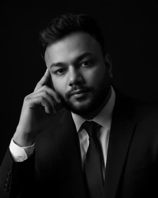 Black-and-white portrait of Shameem Ahmmed in a dark suit, resting his hand thoughtfully near his temple